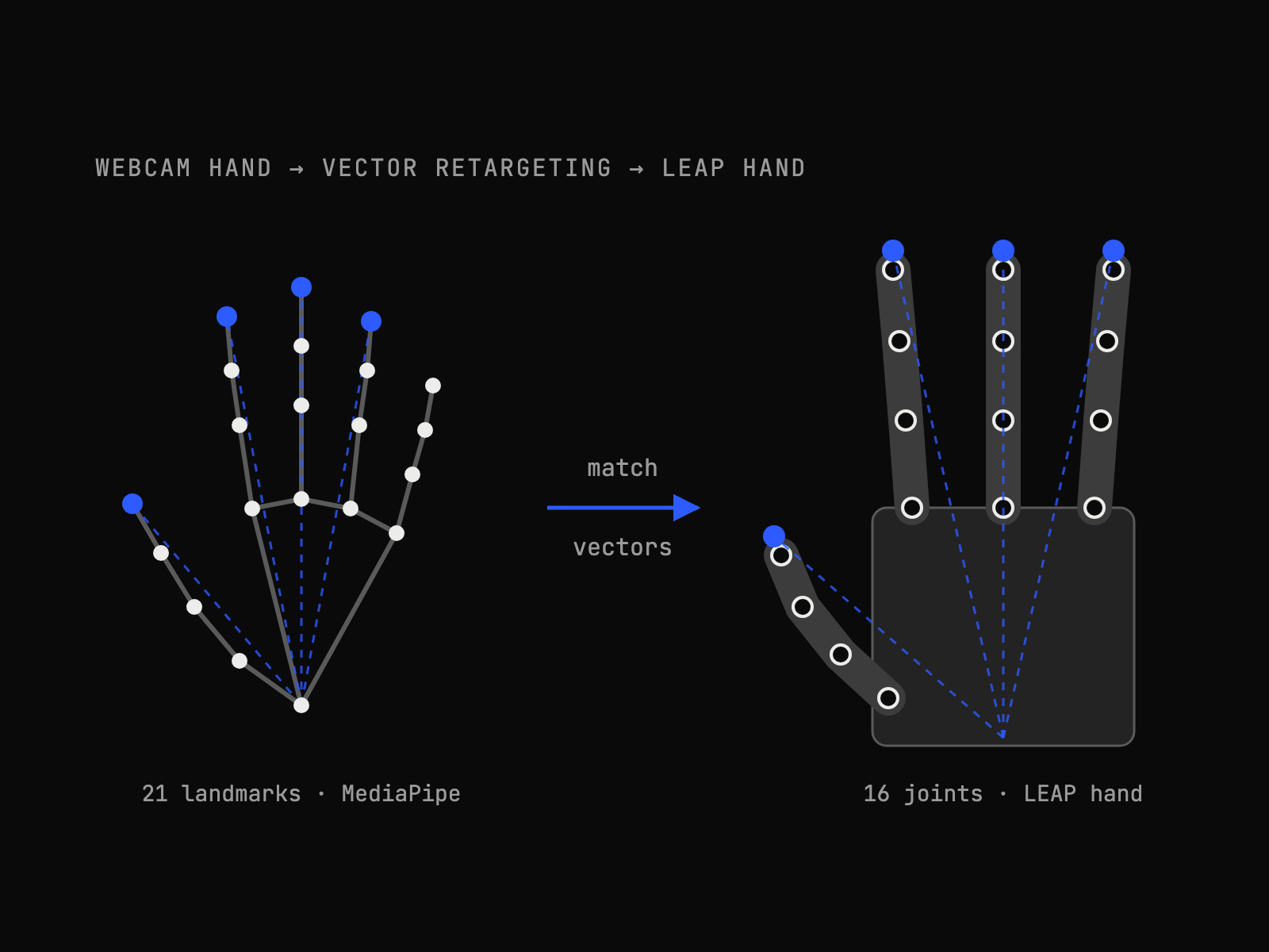21 MediaPipe hand landmarks matched by vector retargeting to the LEAP hand’s 16 joints
